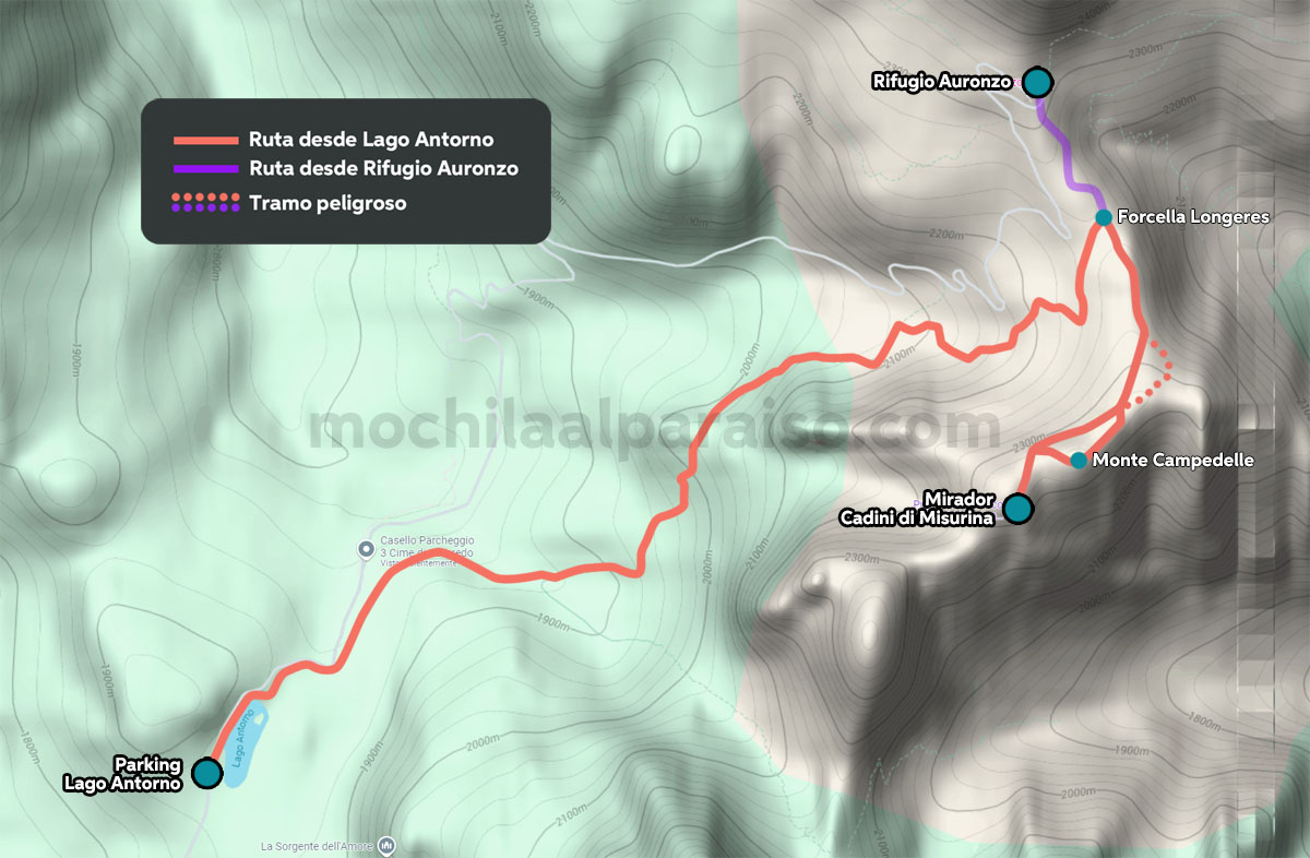 Ruta al mirador de Cadini di Misurina desde Lago Antorno